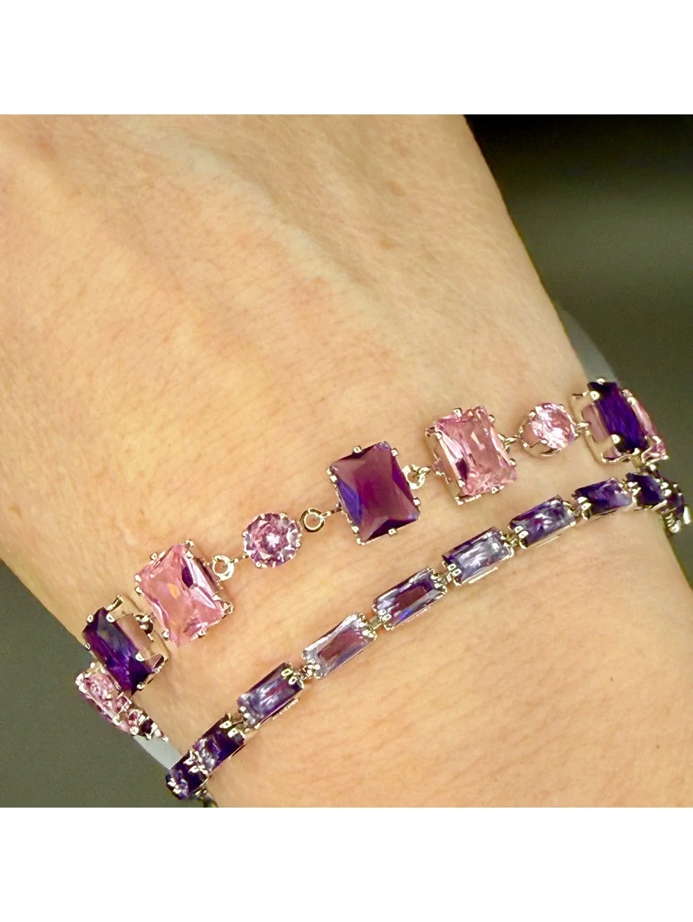 candy+clover pink and amethyst crystal silver plated bracelet stack